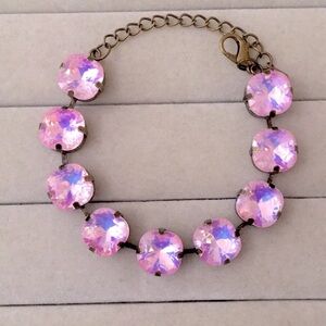Pink Opal Aurora Borealis + Antique Brass Cushion Cut Crystal Tennis Bracelet